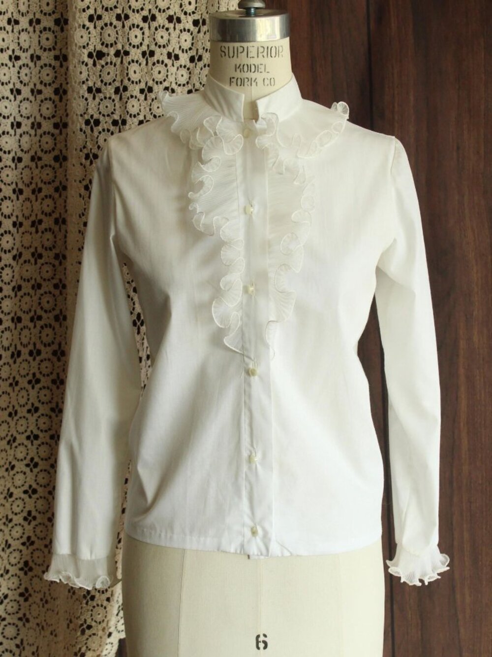 Vintage 1960s Blouse, White Top with Ruffle and Nehru Collar,  New Edwardian - Picture 2 of 12